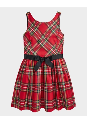 Girl's Plaid-Print Festive Bow Dress, Size 2-6X