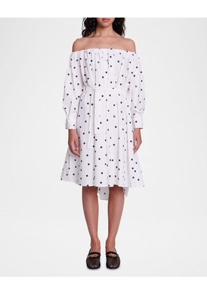 Ranina Polka-Dot Long-Sleeve Off-The-Shoulder Midi Dress