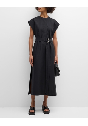 Belted Cap-Sleeve Cotton Twill Midi Dress