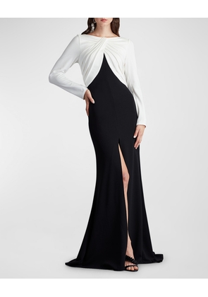 Pleated Two-Tone Crepe Trumpet Gown