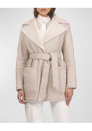 Embroidered Lamb Shearling Wrap Jacket