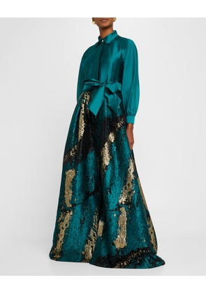 A-Line Taffeta & Metallic Jacquard Shirt Gown