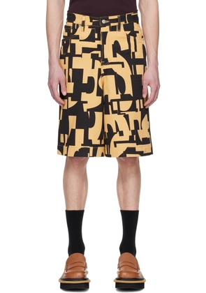 Dries Van Noten Black & Tan Printed Denim Shorts