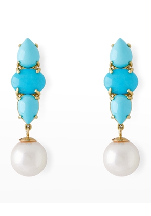 18K Yellow Gold Oval and Pear-Cut Turquoise with 8.5mm Akoya Pearl Drop Earrings