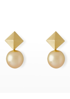 18K Yellow Gold 11mm Golden South Sea Pearl and 2-Cube Earrings