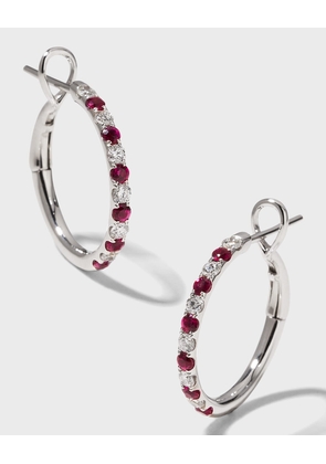 18K White Gold Medium Diamond and Ruby Hoop Earrings