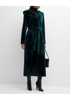 Shearling Lamb Belted Hooded Long Coat