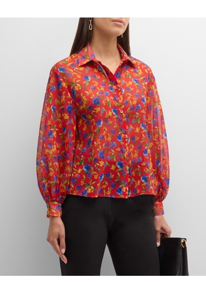 Floral-Print Button-Front Top with Balloon Sleeves