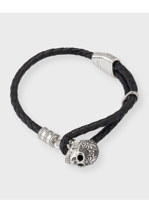 Men's Braided Leather Bracelet with Sterling Silver Skull