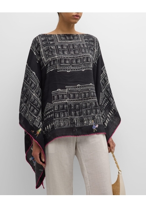 Asti Black Print Cashmere-Blend Poncho