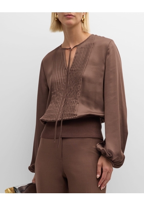 Pintuck Blouson-Sleeve Satin Blouse