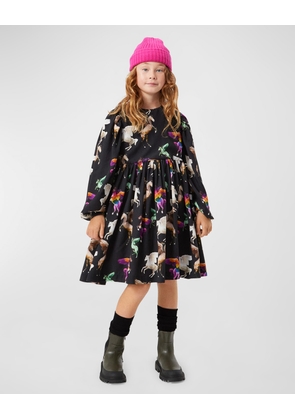 Girl's Cocos Horse-Print Puff Sleeve Dress, Size 3T-6