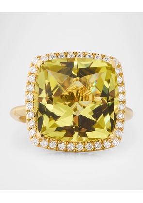 18K Yellow Gold Cushion Lemon Quartz Ring with Diamonds, Size 6