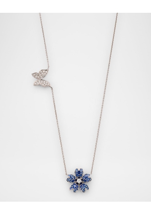 Rainbow 18K White Gold Blue Sapphire Flower Necklace with Diamond Butterfly