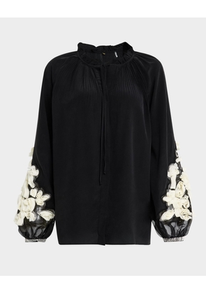 Carlin Blouson-Sleeve Floral Applique Blouse