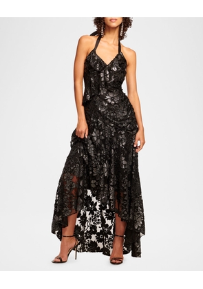 Chaplin High-Low Metallic Lace Gown