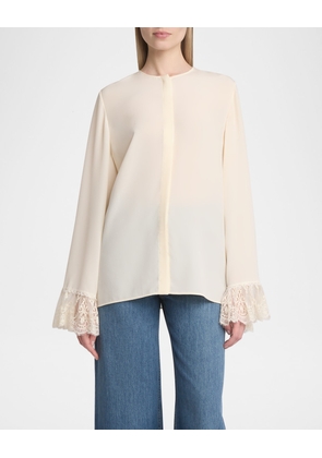 Button Down Crepe De Chine Top with Lace Sleeves