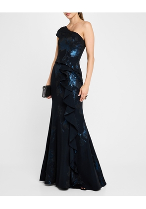 One-Shoulder Ruffle Jacquard Gown