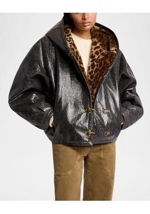 Lanniya Vinyl Coat with Leopard Faux Fur Lining