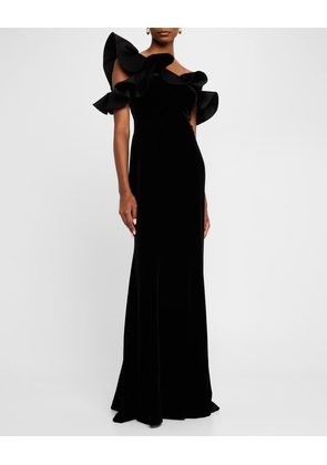 One-Shoulder Ruffle Stretch Velvet Gown