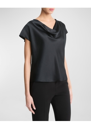 Cowl-Neck Cap-Sleeve Satin Blouse