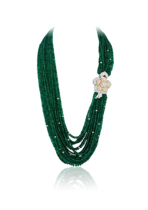 18K Emerald Necklace with Diamond Pave Flower