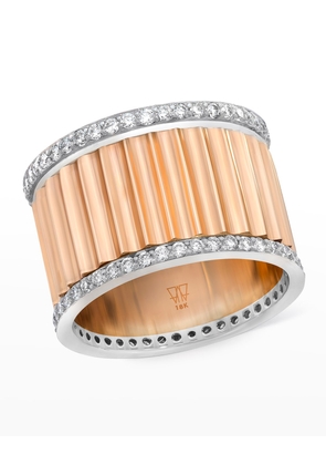 Clive Rose Gold Wide Fluted Band Ring with White Gold and Diamonds