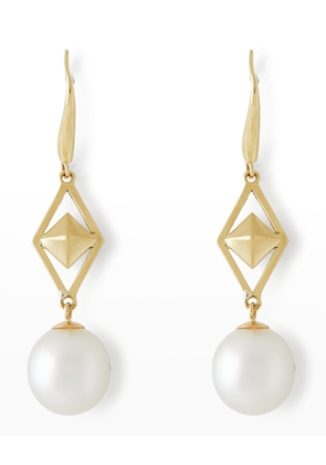 18K Yellow Gold Cube and 10mm South Sea Pearl Hook Earrings