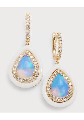 18K Yellow Gold Earrings with Pear-Shape Opal, Diamonds and White Frame, 3.07tcw