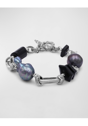 Black Agate and Baroque Pearl Bracelet in Sterling Silver