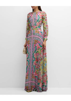 Pleated Floral-Print Chiffon Gown