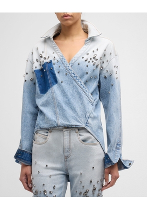 Hart Crystal Embellished Gradient Wash Denim Wrap Shirt