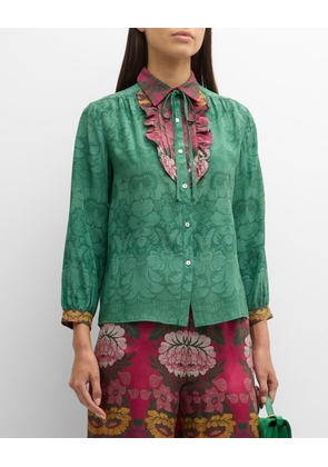 Floral-Print Ruffle Silk Blouse