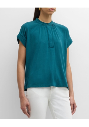 Band-Collar Ruched Jersey Henley Top