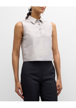 Shantung Silk Sleeveless Crop Polo Top