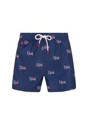 Kiton Navy Blue Swim Shorts With All-over Logo