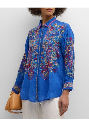 Cachemire Floral-Embroidered Button-Down Tunic