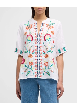 Averi Floral-Embroidered Linen Top