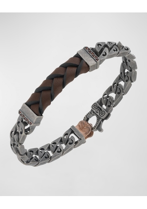 Men's Flaming Tongue Leather Chain Bracelet with Orange Sapphires, Oxidized Silver