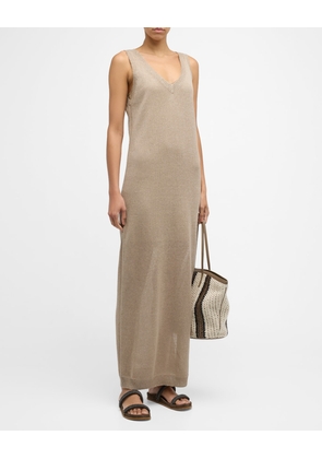 Linen Silk Diamante Knit Column Dress with Monili Detail