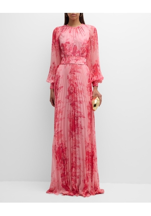 Pleated Floral-Print Blouson-Sleeve Gown