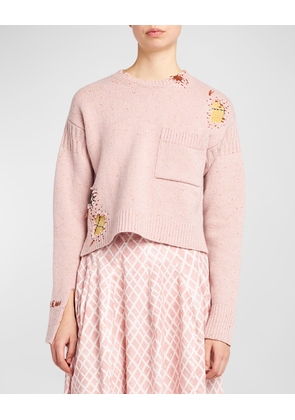 Patch Embroidered Crewneck Long-Sleeve High-Low Sweater