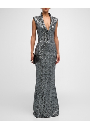 Cowl-Neck Sequin Column Gown