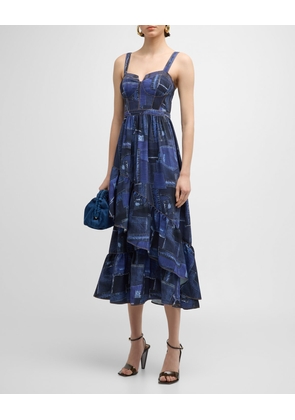 Jordyn Patchwork Denim Tiered Ruffle Bustier Midi Dress