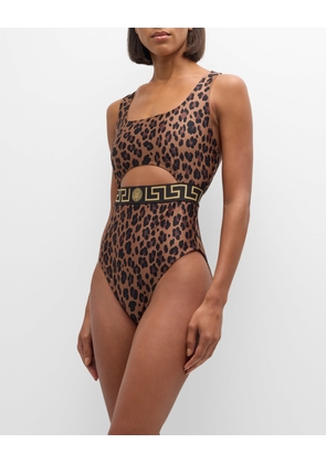 Leopard Greca Border One-Piece Swimsuit