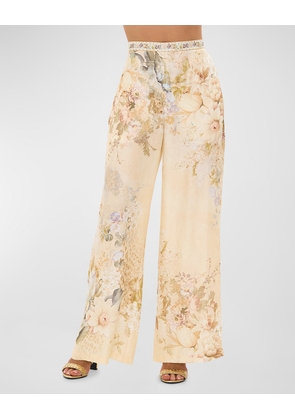 Minimal Floral Silk-Blend Wide-Leg Pants