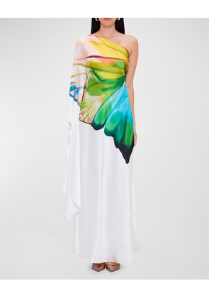 Mei One-Shoulder Butterfly-Print Gown