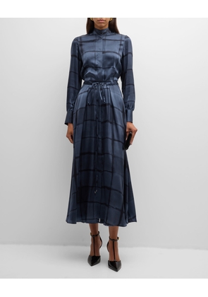 Grid-Print Silk Long-Sleeve Belted Maxi Dress