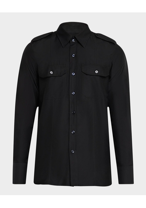 Men's Cotton and Silk Military Casual Button-Down Shirt