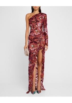 Tokyo One-Shoulder Sequin Embroidered Gown